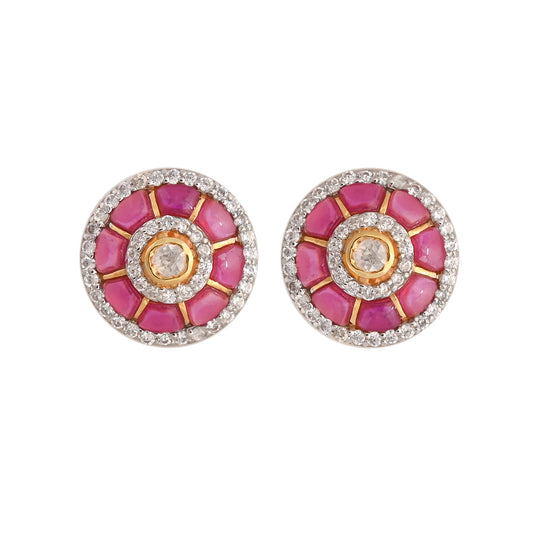 Gul Ruby & Polki Round Silver Stud Earrings