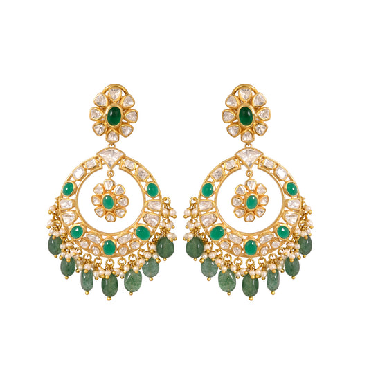 Emerald & Polki Silver Chandbali Earrings