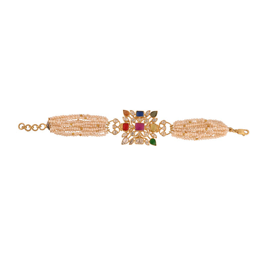 Navratna Silver Flexible Bracelet with Pearls