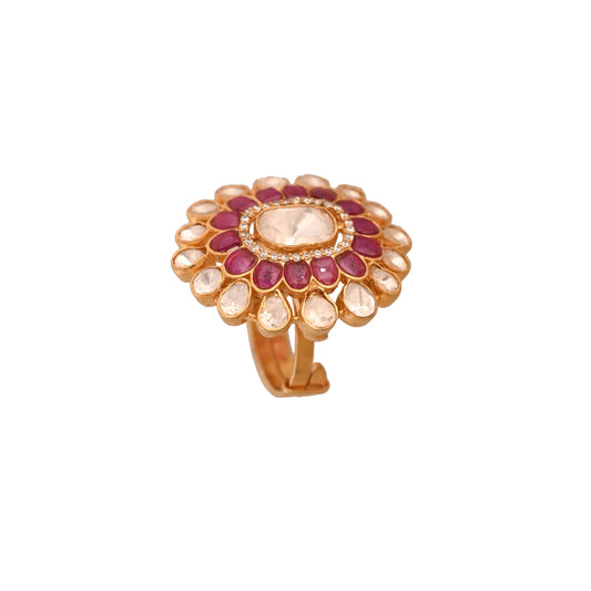 Gul Ruby & Polki Floral Silver Ring