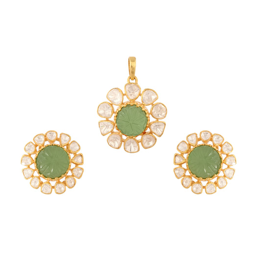 Russian Emerald & Polki Silver Pendant Set