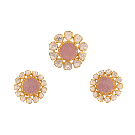 Rose Quartz Floral Polki Silver Pendant Set