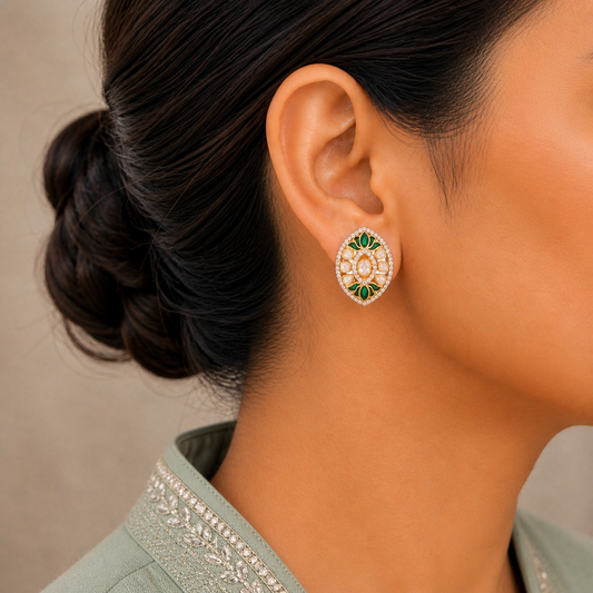 Polki & Green Meenakari Lotus Silver Studs
