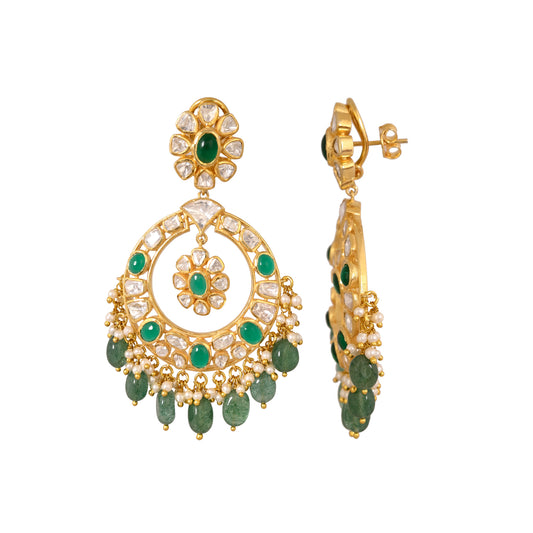 Emerald & Polki Silver Chandbali Earrings