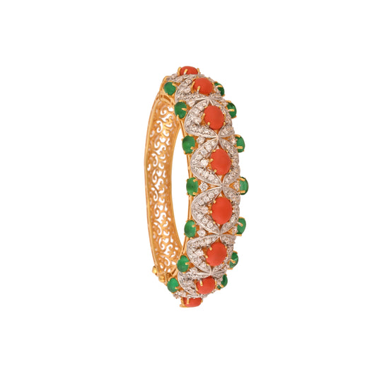 Coral & Emerald Broad Silver Bracelet