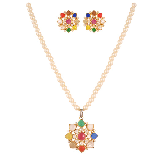 Navratna Polki Round Silver Necklace Set