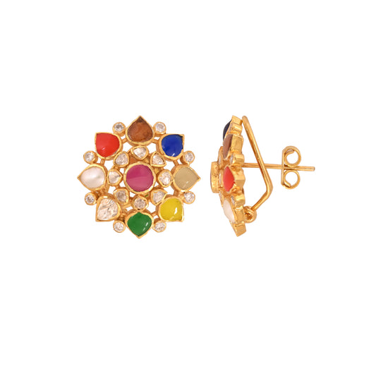 Navratna Polki Round Silver Earrings