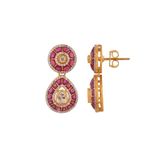 Gul Ruby & Polki Silver Drop Earrings
