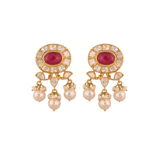 Polki & Ruby Oval Pearl Drop Silver Earrings