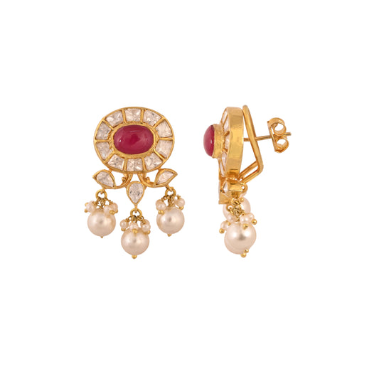 Polki & Ruby Oval Pearl Drop Silver Earrings