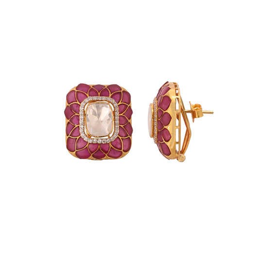 Gul Polki & Ruby Petal Silver Earrings