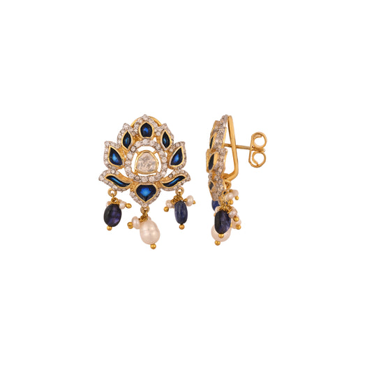 Lotus Sapphire & Polki Silver Earrings