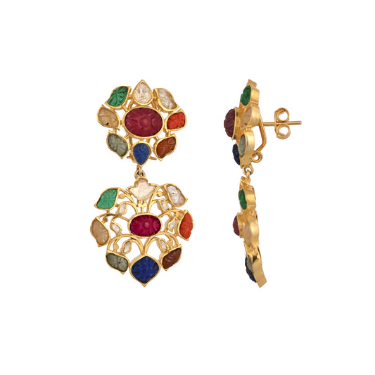 Navratna Polki Leaf Silver Earrings