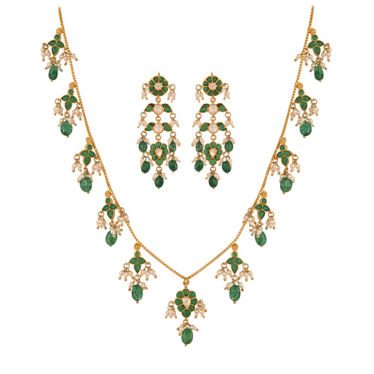 Gulnaar Emerald Bloom Silver Chain Necklace Set
