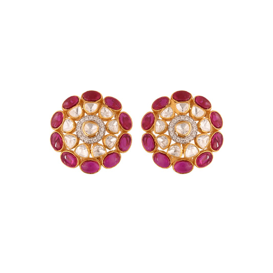Gul Ruby & Polki Round Silver Earrings