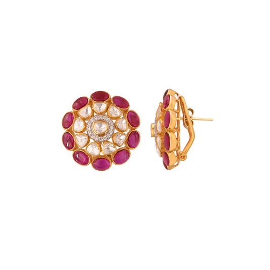 Gul Ruby & Polki Round Silver Earrings