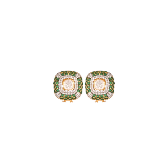 Emerald Square Polki Silver Stud Earrings
