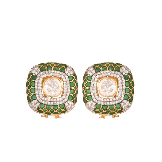 Emerald Square Polki Silver Stud Earrings