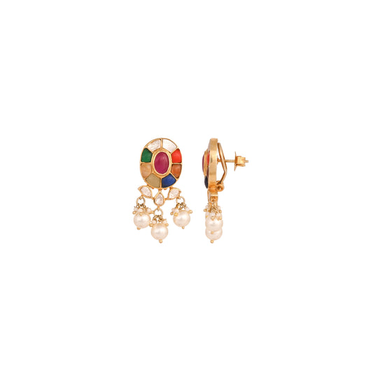 Navratna Oval Pearl Drop Earrings