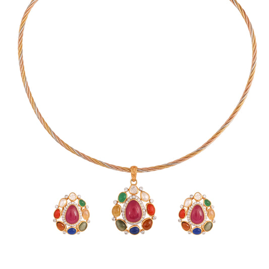 Navratna Leaf Drop Silver Pendant Set