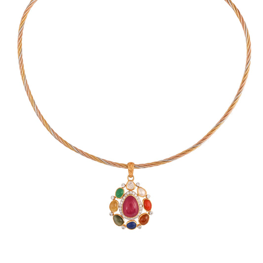 Navratna Leaf Drop Silver Pendant