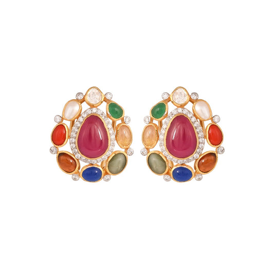 Navratna Leaf Drop Silver Earrings