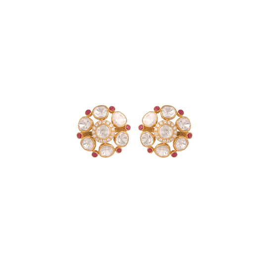 White Polki Floral Silver Stud Earrings