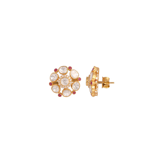 White Polki Floral Silver Stud Earrings