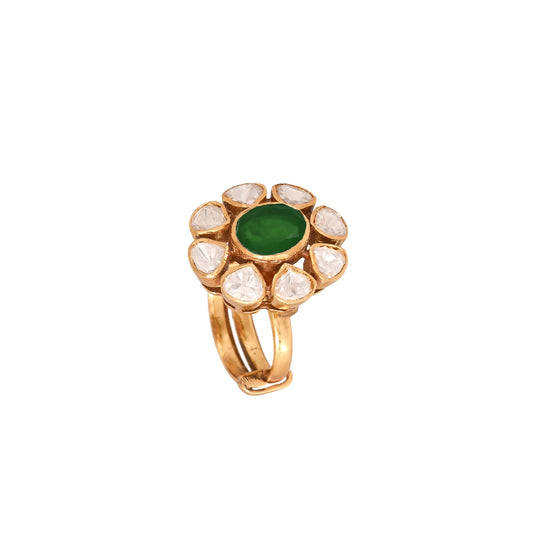 Emerald & Polki Silver Ring