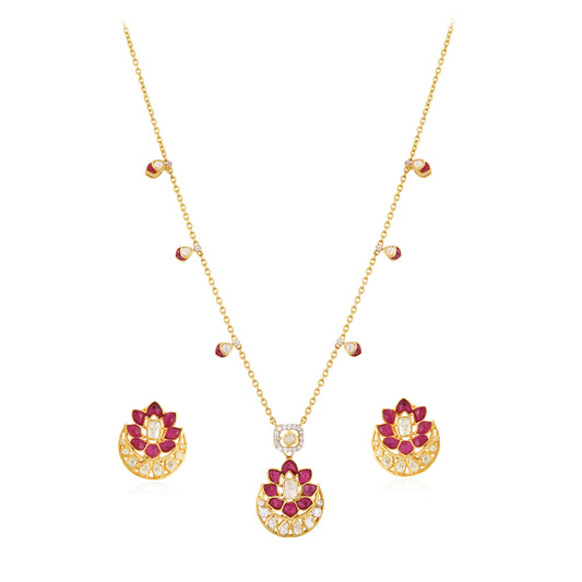 Gul Lotus Ruby & Polki Silver Chain Necklace Set