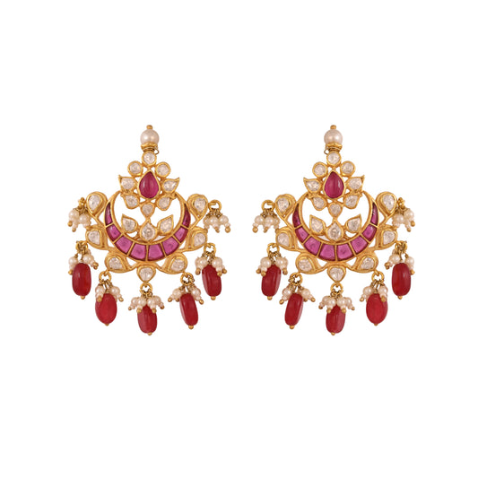 Gul Ruby & Polki Crescent Silver Earrings