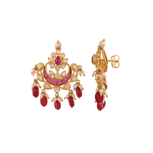 Gul Ruby & Polki Crescent Silver Earrings