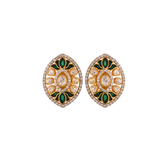 Polki & Green Meenakari Lotus Silver Studs