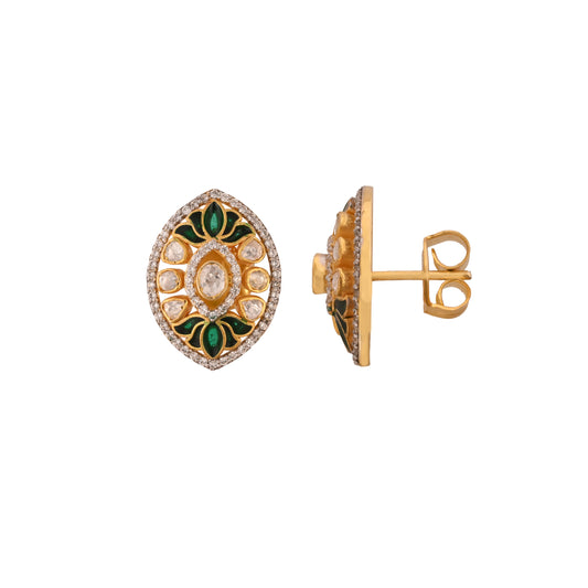 Polki & Green Meenakari Lotus Silver Studs