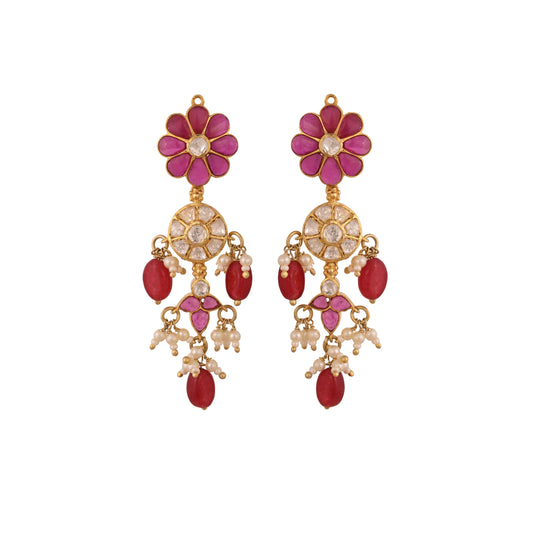 Gul Ruby Flower & Polki Long Silver Earrings