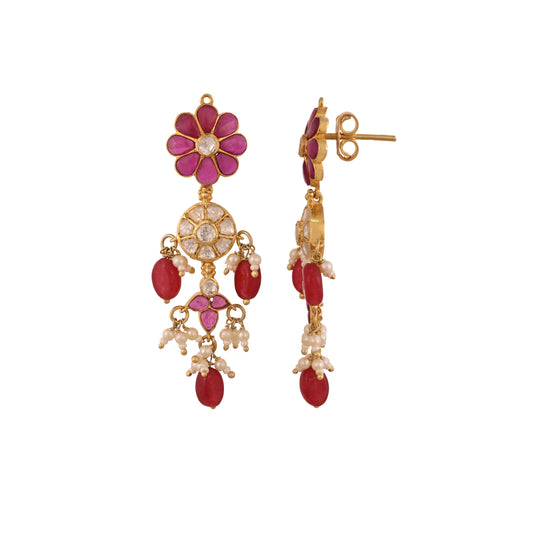 Gul Ruby Flower & Polki Long Silver Earrings