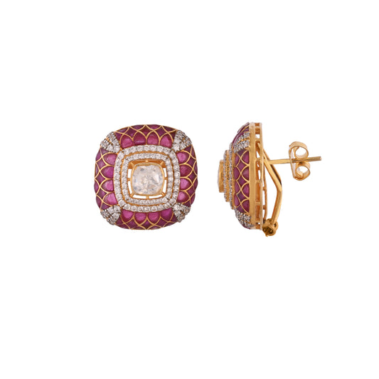 Gul Square Ruby & Polki Silver Earrings