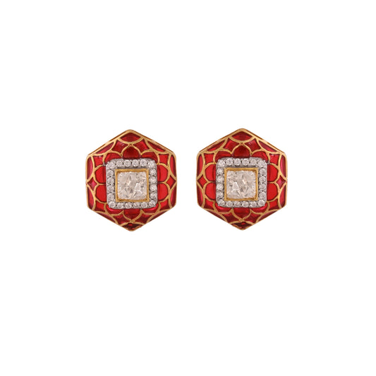 Hexagon Polki & Red Meenakari Silver Studs
