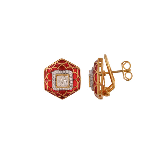 Hexagon Polki & Red Meenakari Silver Studs