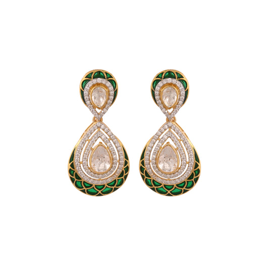 Polki & Green Meenakari Silver Drop Earrings
