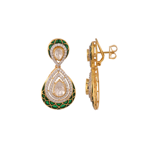 Polki & Green Meenakari Silver Drop Earrings
