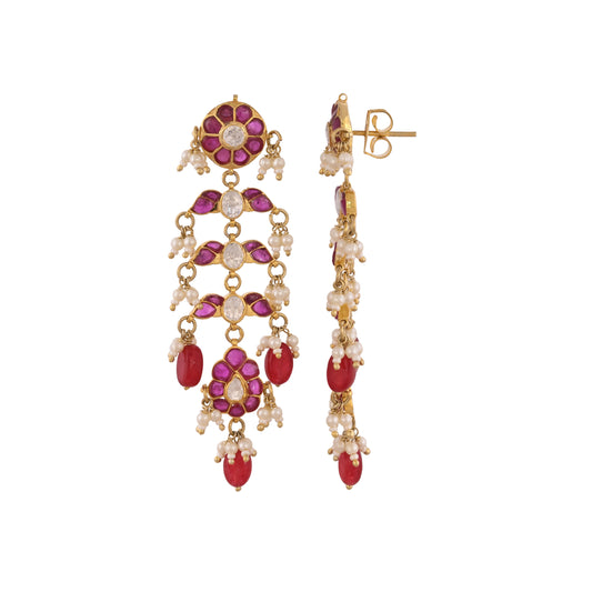 Gulnaar Ruby Bloom Silver Long Earrings