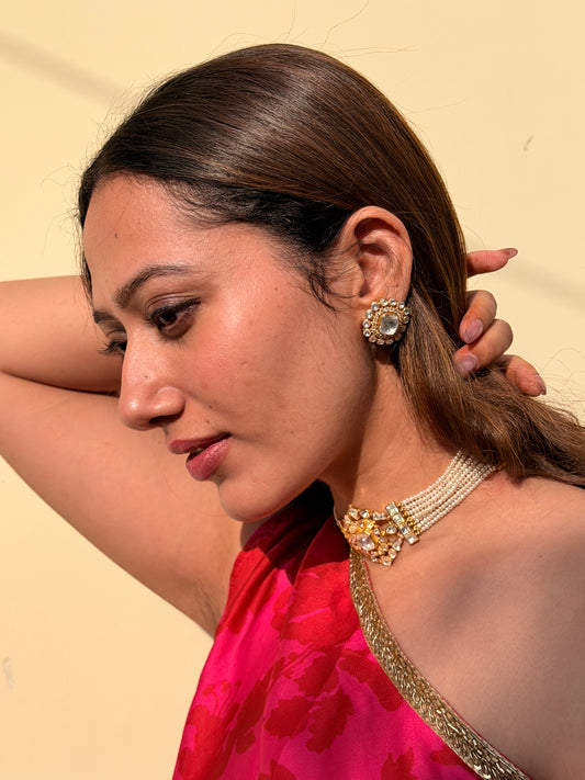 White Polki geometric Silver Stud Earrings
