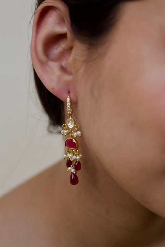 Ruby & Pearl Drop Silver Long Earrings
