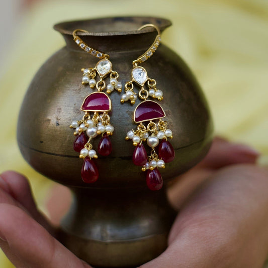 Ruby & Pearl Drop Silver Long Earrings