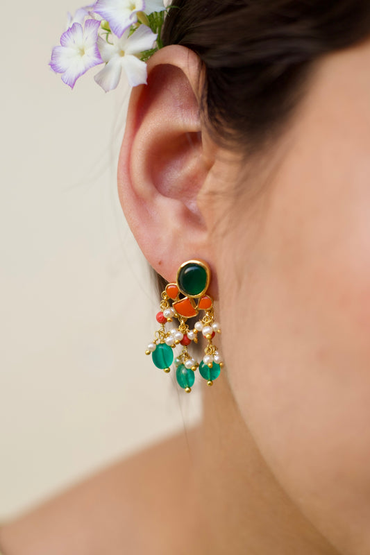 Emerald, Coral & Pearl Silver Earrings