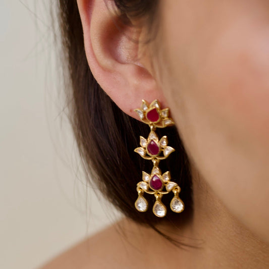 Ruby & Polki Lotus Long Silver Earrings