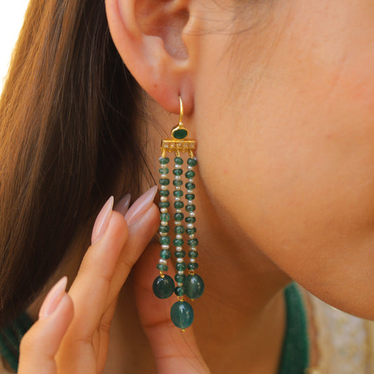 Emerald & Pearl Drop Silver Long Earrings