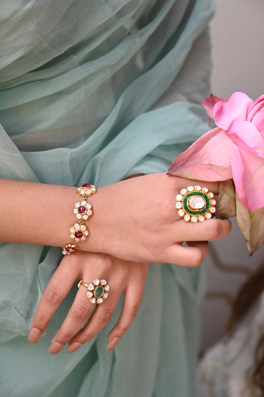 Floral Emerald & Polki Silver Ring