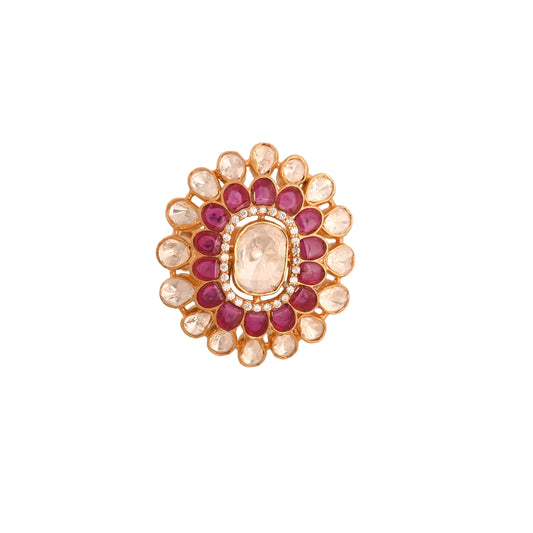 Gul Ruby & Polki Floral Silver Ring